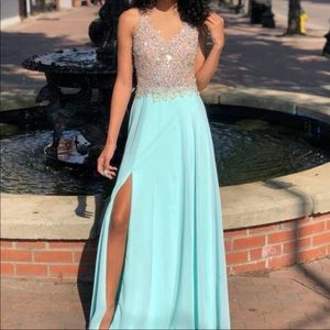 Aqua & Silver Crystallized Prom Dress